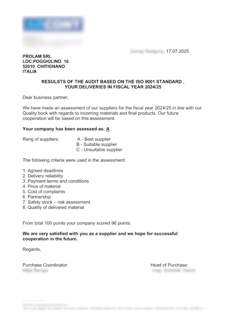 Documento di valutazione fornitore con dati cliente oscurati